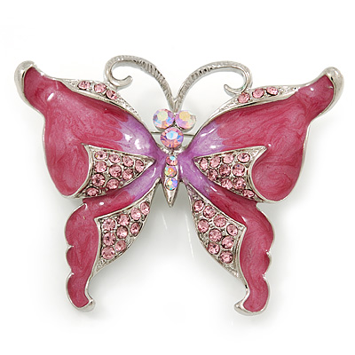 Pink Enamel Crystal Butterfly Brooch In Rhodium Plating - 50mm W - main view
