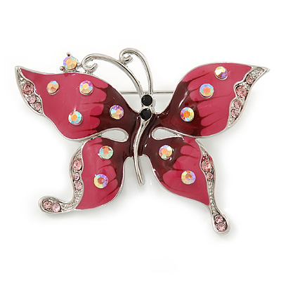 Pink Enamel Crystal Butterfly Brooch In Rhodium Plating - 55mm W