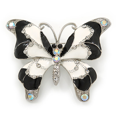 Black/ White Enamel Crystal Butterfly Brooch In Rhodium Plating - 50mm W - main view