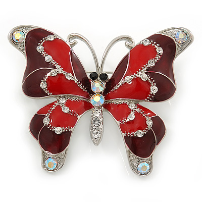 Burgundy/ Red Enamel Crystal Butterfly Brooch In Rhodium Plating - 50mm W - main view