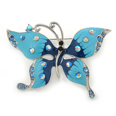 Sky & Royal Blue Enamel Crystal Butterfly Brooch In Rhodium Plating - 55mm W - main view