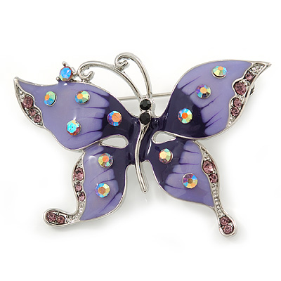 Purple & Violet Enamel Crystal Butterfly Brooch In Rhodium Plating - 55mm W - main view