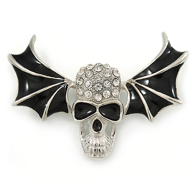 Black Enamel, Clear Crystal Skull with Bat Wings Brooch In Silver Tone - 65mm Across - main view