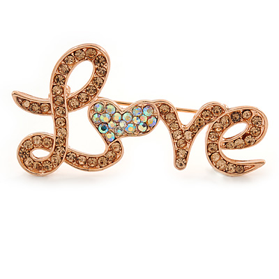 Citrine/ AB Crystal 'Love' Brooch In Rose Gold Tone - 50mm L - main view