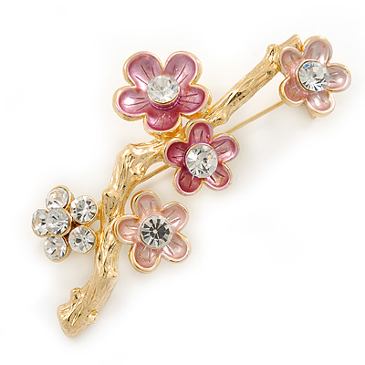 Crystal, Pink Enamel Magnolia Floral Brooch In Gold Tone - 65mm L - main view