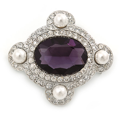 'Old Hollywood' White Simulated Pearl, Clear, Amethyst Crystal Oval Brooch In Rhodium Plating - 50mm Across - main view