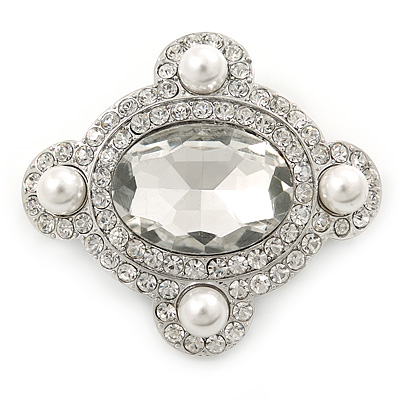 'Old Hollywood' White Simulated Pearl, Clear Crystal Oval Brooch In Rhodium Plating - 50mm Across - main view