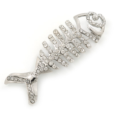 Silver Tone, Clear Crystal Fish Skeleton Brooch - 63mm L - main view