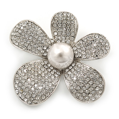 Clear Austrian Crystal, Pearl Asymmetrical Flower Brooch In Rhodium Plating - 50mm Across - main view