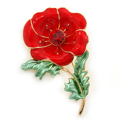 Red/ Green Enamel Poppy Brooch In Gold Plating - 53mm L
