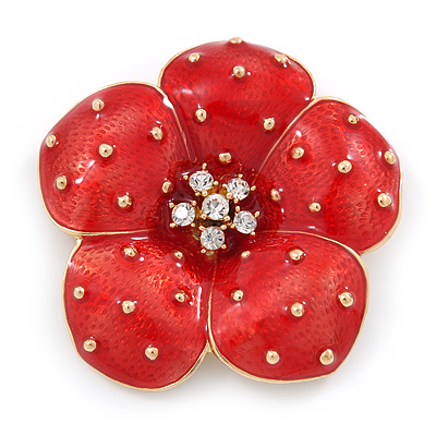 Red Enamel, Crystal Poppy Flower Brooch In Gold Plating - 50mm D - main view