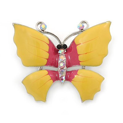 Yellow/ Pink Enamel, Crystal Butterfly Brooch In Silver Tone - 40mm Across - main view