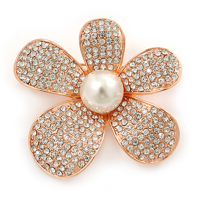 Clear Austrian Crystal, Pearl Asymmetrical Flower Brooch In Rose Gold Tone - 50mm Across