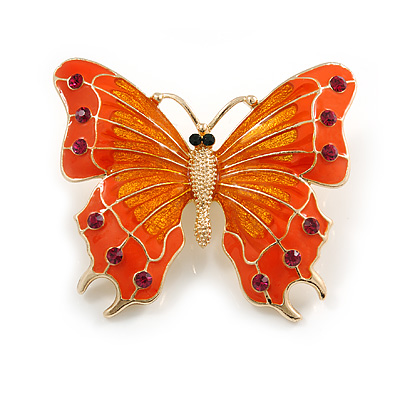 Large Orange Enamel, Crystal Butterfly Brooch In Gold Plating - 55mm Across