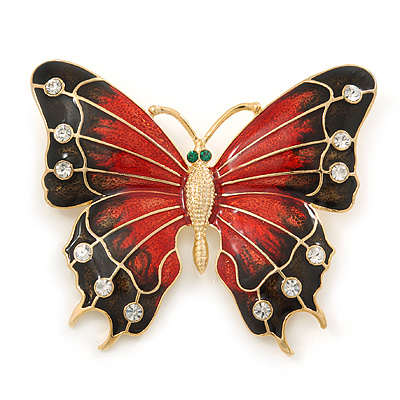 Oversized Red/ Dark Brown Enamel Butterfly Brooch In Gold Plating - 80mm Across