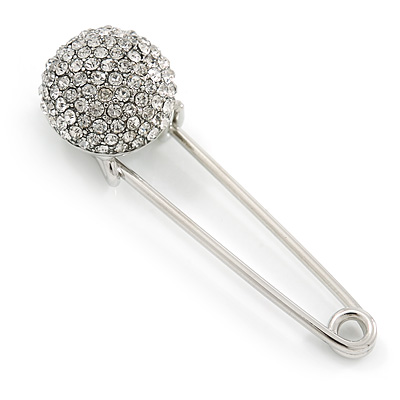 Clear Austrian Crystal Button Safety Pin Brooch In Rhodium Plating - 50mm L - main view