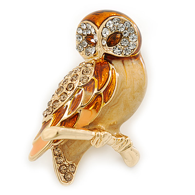 Brown Enamel Austrian Crystal Owl Brooch In Gold Plating - 40mm L - main view