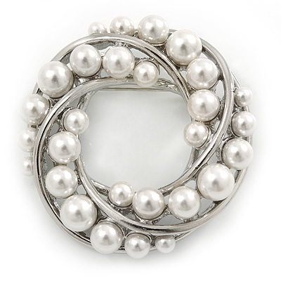White Simulated Pearl Wreath Brooch In Silver Tone - 45mm D - main view