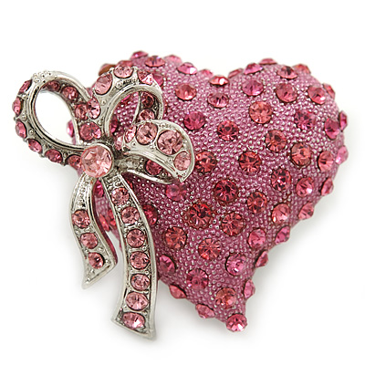Romantic Pink Crystal Heart with Bow Brooch In Rhodium Plating - 35mm L - main view