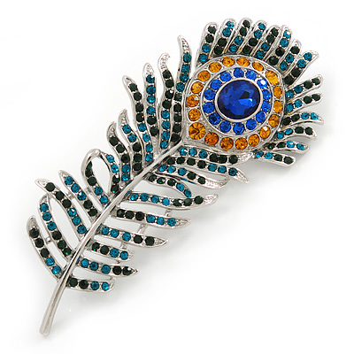 Large Stunning Crystal Peacock Feather Brooch In Rhodium Plating (Teal/ Blue/ Orange) - 11cm L