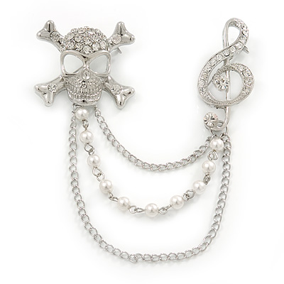 Clear Crystal Treble Clef and Skull & Crossbones, Pearl Beaded Chain Brooch In Rhodium Plating - main view