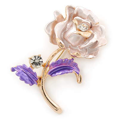 Romantic Pink/ Purple Crystal Rose Flower Brooch In Gold Plating - 52mm L