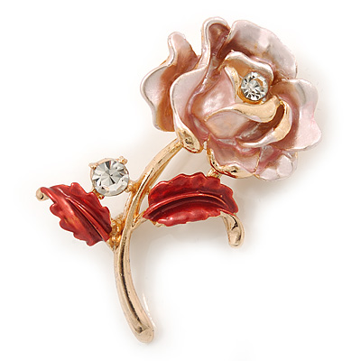 Romantic Pink/ Coral Crystal Rose Flower Brooch In Gold Plating - 52mm L - main view