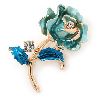 Romantic Light Blue/ Teal Crystal Rose Flower Brooch In Gold Plating - 52mm L - main view