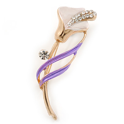 Delicate Pink/ Purple Crystal Calla Lily Brooch In Gold Plating - 55mm L - main view