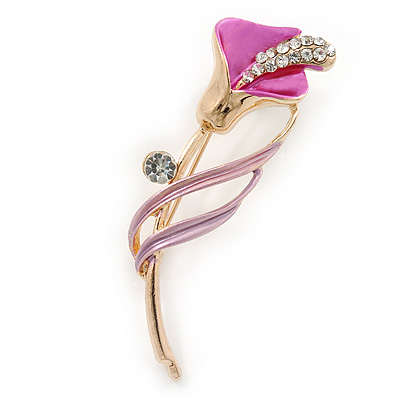 Delicate Fuchsia/ Pink Crystal Calla Lily Brooch In Gold Plating - 55mm L - main view