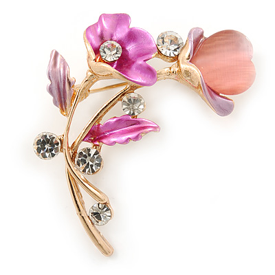 Fuchsia/ Pink Crystal Calla Lily With Cat's Eye Stone Floral Brooch In Gold Tone - 48mm L - main view