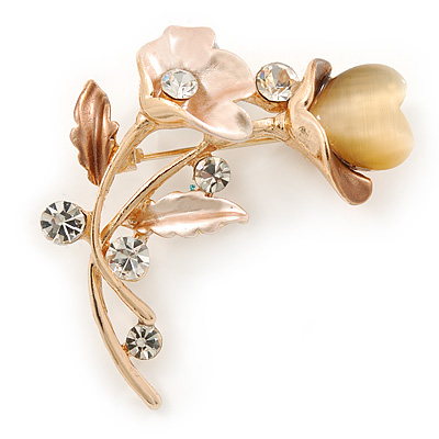 Magnolia/ Natural Crystal Calla Lily With Cat's Eye Stone Floral Brooch In Gold Tone - 48mm L - main view