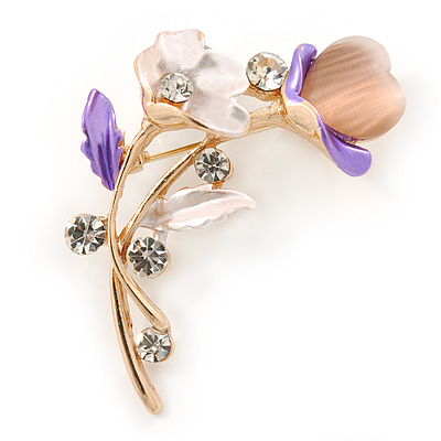 Pink/ Purple Crystal Calla Lily With Cat's Eye Stone Floral Brooch In Gold Tone - 48mm L - main view