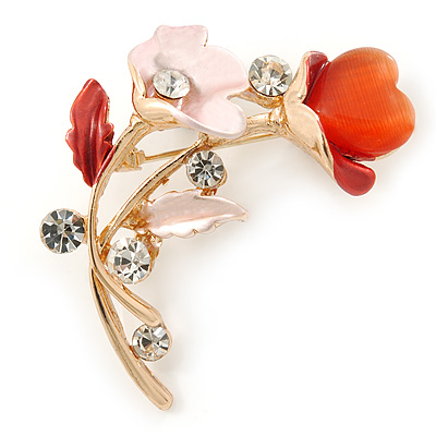Pink/ Coral Crystal Calla Lily With Cat's Eye Stone Floral Brooch In Gold Tone - 48mm L - main view