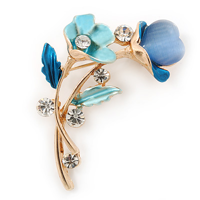 Azure/ Blue Crystal Calla Lily With Cat's Eye Stone Floral Brooch In Gold Tone - 48mm L - main view