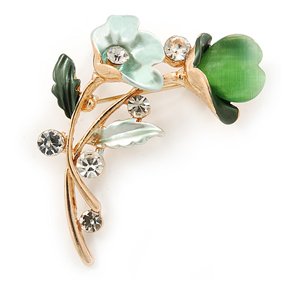 Mint/ Green Crystal Calla Lily With Cat's Eye Stone Floral Brooch In Gold Tone - 48mm L - main view
