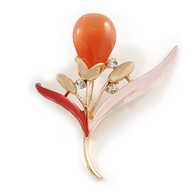 Coral/ Pink Enamel Cat's Eye Stone Flower Brooch In Gold Tone - 50mm L - main view