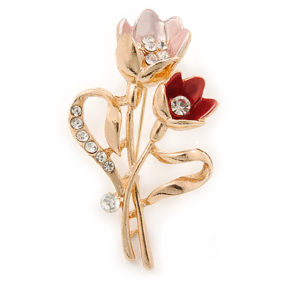 Pink/ Coral Crystal Tulip Brooch In Gold Tone - 55mm L