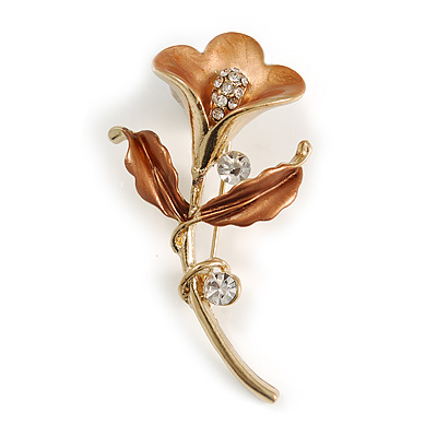 Bronze/ Magnolia Enamel, Crystal Calla Lily Brooch In Gold Plating - 53mm L - main view