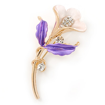 Purple/ Magnolia Enamel, Crystal Calla Lily Brooch In Gold Plating - 53mm L - main view