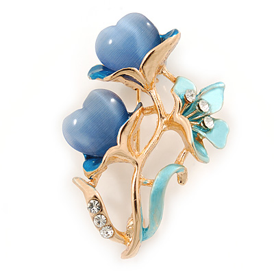 Azure Enamel, Crystal With Blue Glass Stones Floral Brooch In Gold Plating - 45mm L - main view