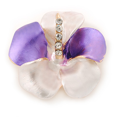 Purple/ Cream Enamel, Crystal Flower Brooch In Gold Plating - 30mm Across - main view