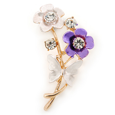 Purple/ Cream Enamel, Crystal Flowers and Butterfly Brooch In Gold Tone - 50mm L - main view