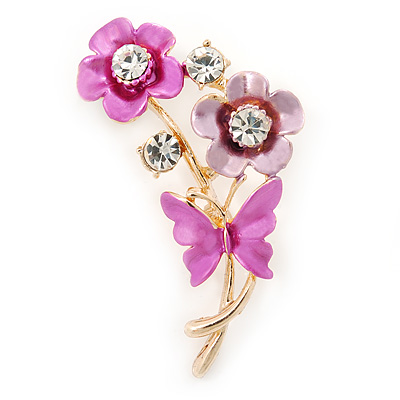 Pink/ Fuchsia Enamel, Crystal Flowers and Butterfly Brooch In Gold Tone - 50mm L - main view