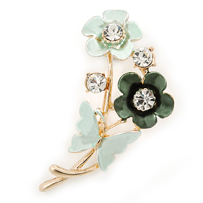 Mint/ Dark Green Enamel, Crystal Flowers and Butterfly Brooch In Gold Tone - 50mm L - main view