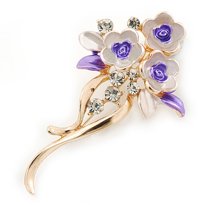 Pink/ Purple Enamel, Crystal Triple Flower Brooch In Gold Tone - 55mm L - main view