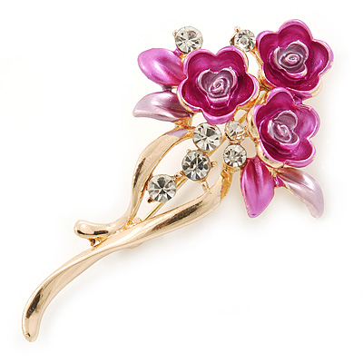 Pink/ Fuchsia Enamel, Crystal Triple Flower Brooch In Gold Tone - 55mm L - main view
