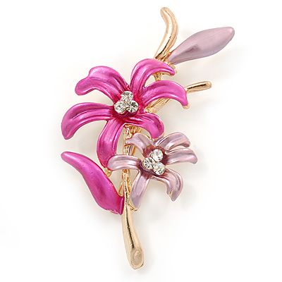 Fuchsia/ Pink Enamel, Crystal Double Flower Brooch In Gold Plating - 62mm L - main view