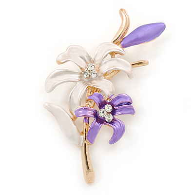 Purple/ Pink Enamel, Crystal Double Flower Brooch In Gold Plating - 62mm L - main view