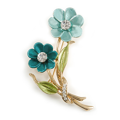 Light Blue/ Teal/ Olive Two Daisy Floral Brooch - 50mm L - main view